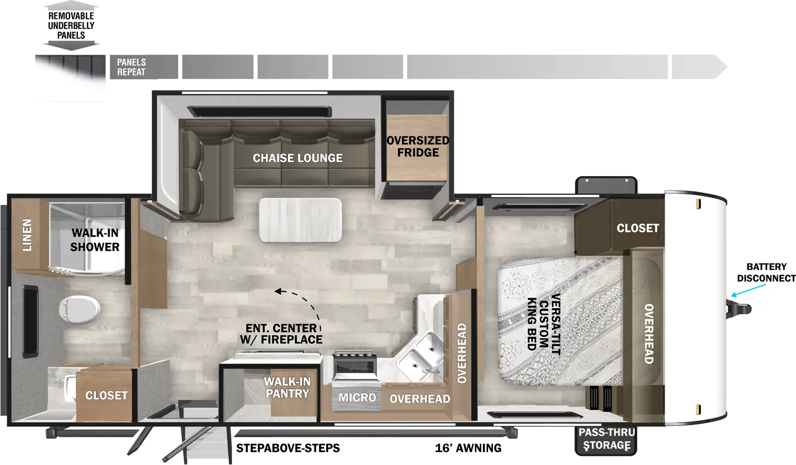 The Salem Southwest T22RBS floorplan has one entry and one slide out. Exterior features include: metal or fiberglass exterior and 16' awning. Interiors features include: front bedroom and rear bathroom.